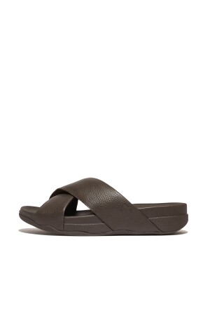 FitFlop FitFlop Surfer Mens Tumbled-Leather Cross Slides chocolate brown 