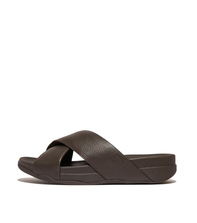 FitFlop FitFlop Surfer Mens Tumbled-Leather Cross Slides chocolate brown  FitFlop HA6-167, slippers Direct leverbaar uit de webshop