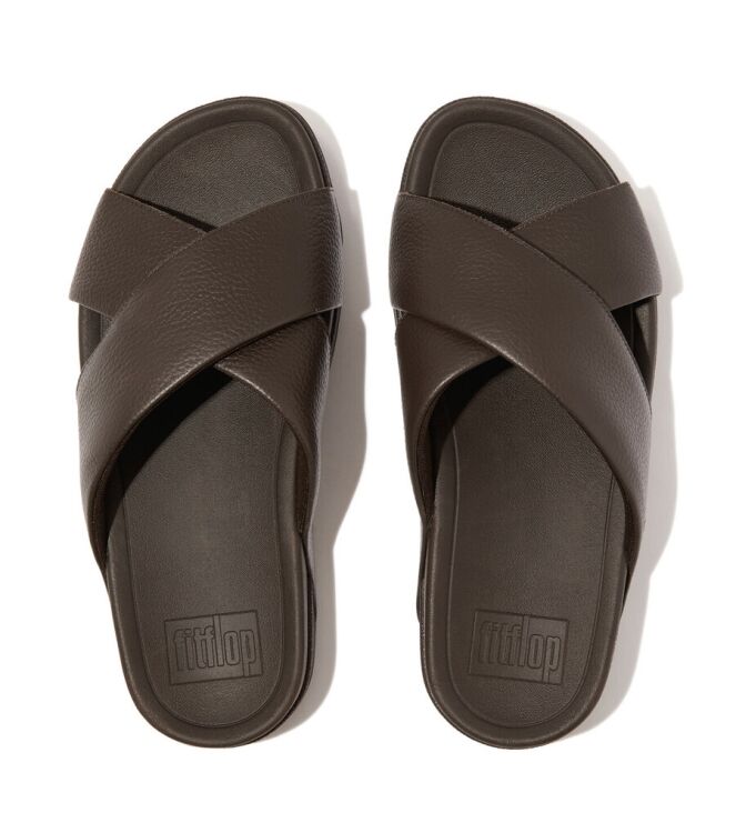 FitFlop FitFlop Surfer Mens Tumbled-Leather Cross Slides chocolate brown  FitFlop HA6-167, slippers Direct leverbaar uit de webshop