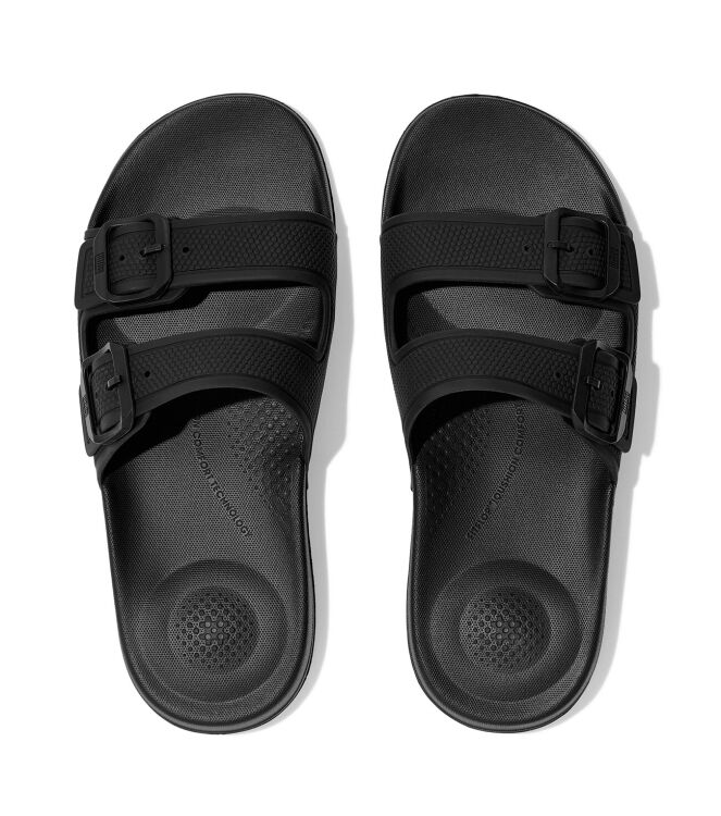 FitFlop IQushion Two-Bar Buckle Slides all black  FitFlop FD2-090, slippers Direct leverbaar uit de webshop