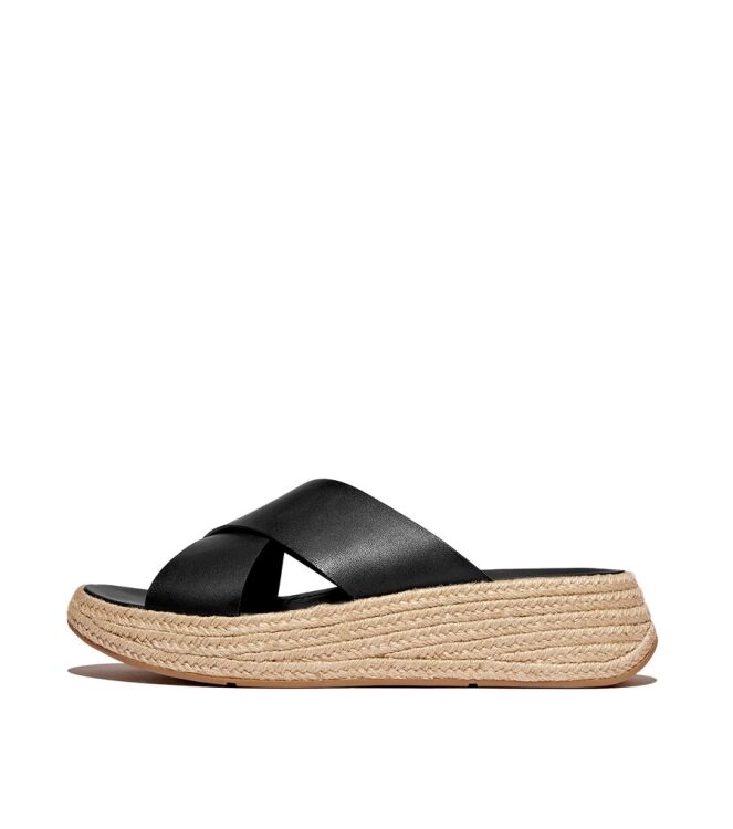 FitFlop F-Mode Espadrille Leather Flatform Cross Slides black  FitFlop IV5-001, slippers Direct leverbaar uit de webshop