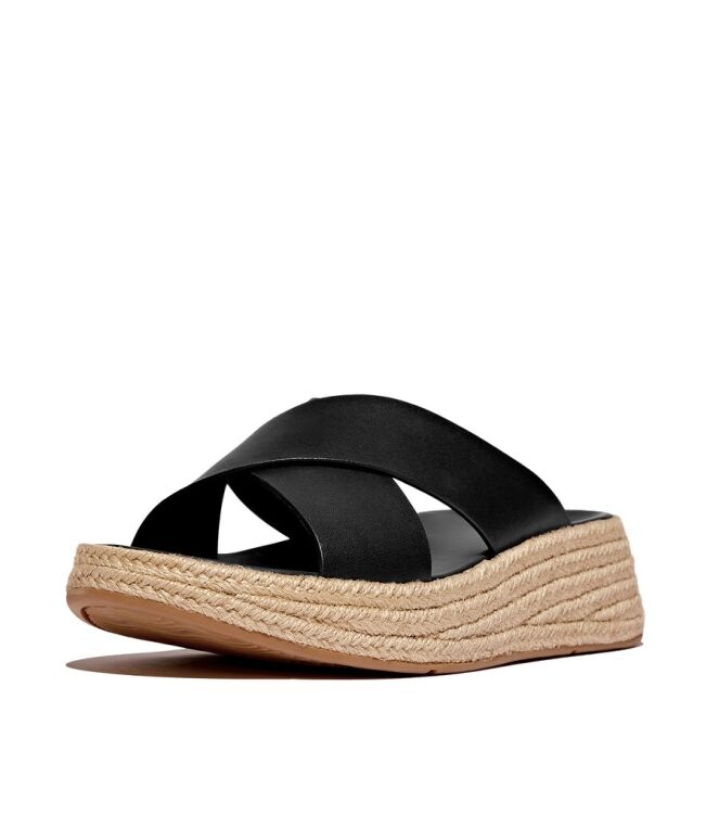 FitFlop F-Mode Espadrille Leather Flatform Cross Slides black  FitFlop IV5-001, slippers Direct leverbaar uit de webshop