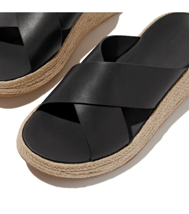 FitFlop F-Mode Espadrille Leather Flatform Cross Slides black  FitFlop IV5-001, slippers Direct leverbaar uit de webshop