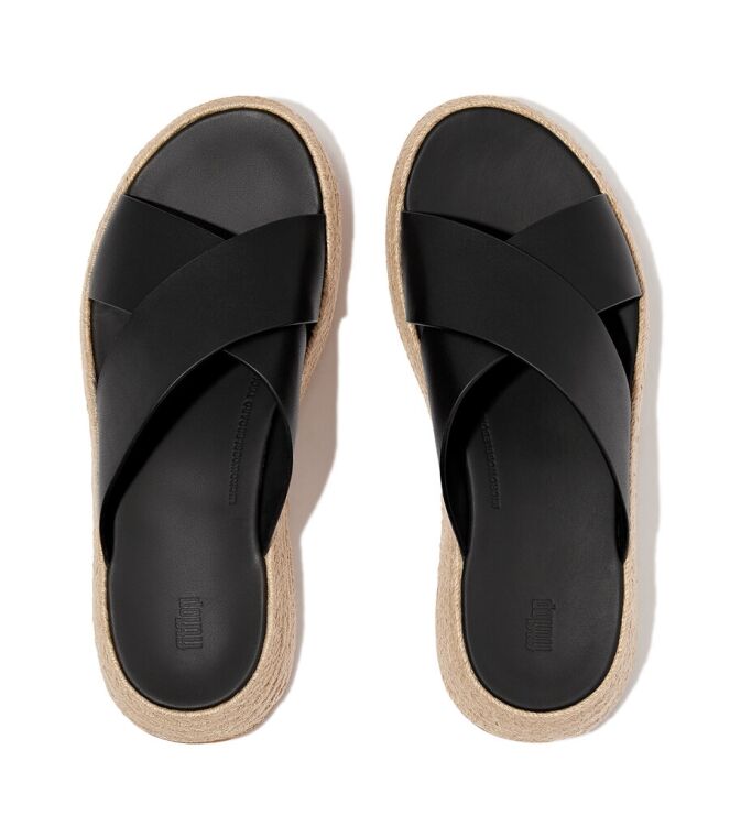 FitFlop F-Mode Espadrille Leather Flatform Cross Slides black  FitFlop IV5-001, slippers Direct leverbaar uit de webshop