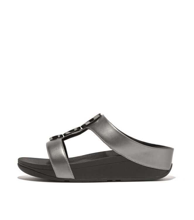 FitFlop Halo Bead-Circle Metallic H-Bar Slides pewter black  FitFlop HJ2-B06, slippers Direct leverbaar uit de webshop