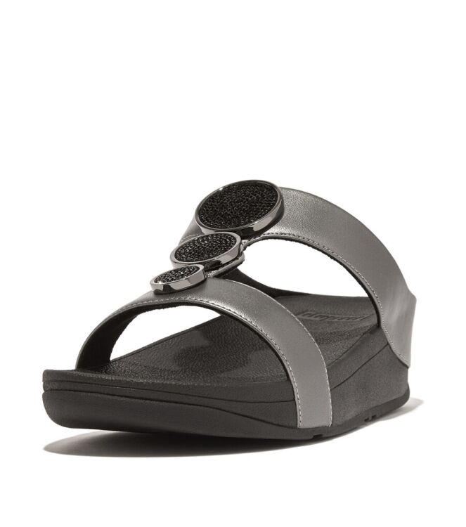 FitFlop Halo Bead-Circle Metallic H-Bar Slides pewter black  FitFlop HJ2-B06, slippers Direct leverbaar uit de webshop