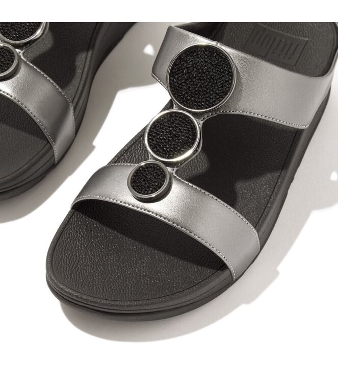 FitFlop Halo Bead-Circle Metallic H-Bar Slides pewter black  FitFlop HJ2-B06, slippers Direct leverbaar uit de webshop