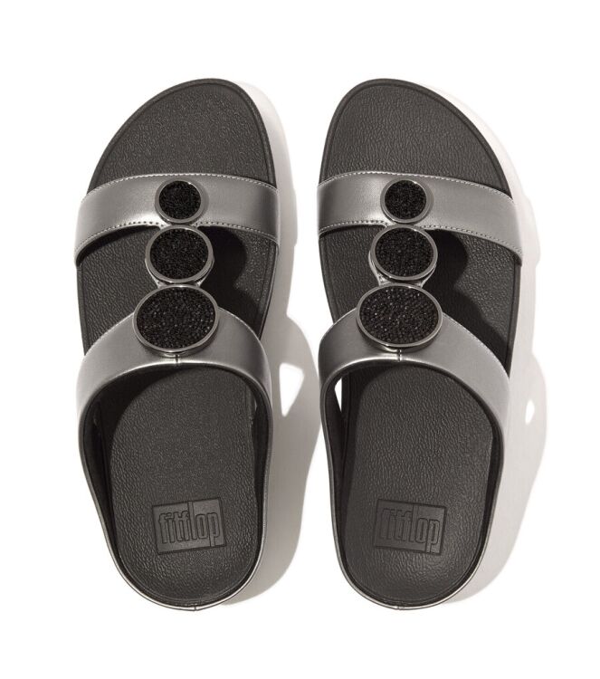 FitFlop Halo Bead-Circle Metallic H-Bar Slides pewter black  FitFlop HJ2-B06, slippers Direct leverbaar uit de webshop