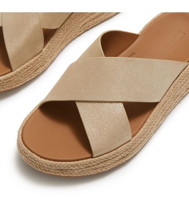 FitFlop F-Mode Espadrille Shimmersuede Cross Slides platino FitFlop A0T-675, slippers Direct leverbaar uit de webshop
