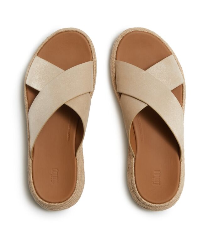 FitFlop F-Mode Espadrille Shimmersuede Cross Slides platino FitFlop A0T-675, slippers Direct leverbaar uit de webshop
