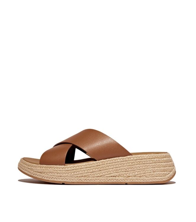 FitFlop F-Mode Espadrille Leather Flatform Cross Slides deep tan  FitFlop IV5-C15, slippers Direct leverbaar uit de webshop