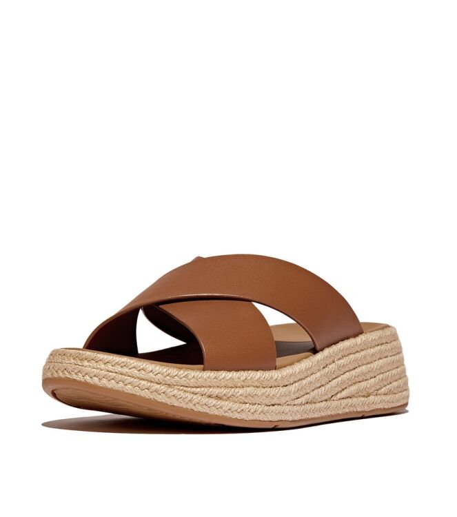 FitFlop F-Mode Espadrille Leather Flatform Cross Slides deep tan  FitFlop IV5-C15, slippers Direct leverbaar uit de webshop