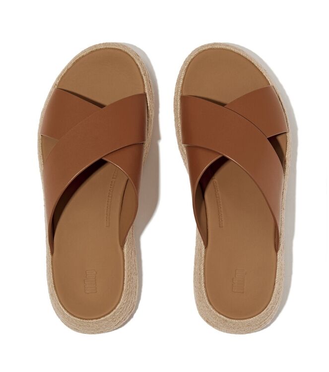 FitFlop F-Mode Espadrille Leather Flatform Cross Slides deep tan  FitFlop IV5-C15, slippers Direct leverbaar uit de webshop