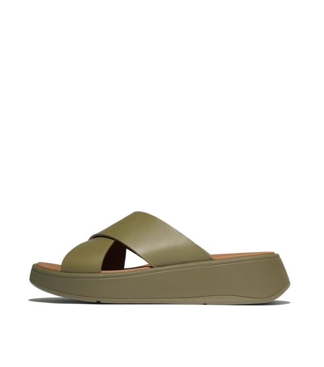 FitFlop F-Mode Leather Flatform Cross Slides camo-green  FitFlop FW5-C14, slippers Direct leverbaar uit de webshop
