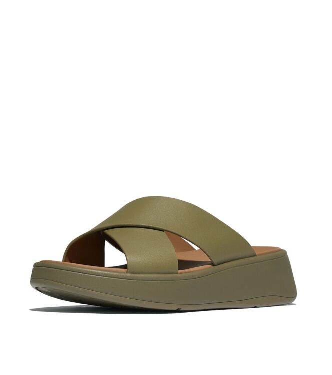 FitFlop F-Mode Leather Flatform Cross Slides camo-green  FitFlop FW5-C14, slippers Direct leverbaar uit de webshop