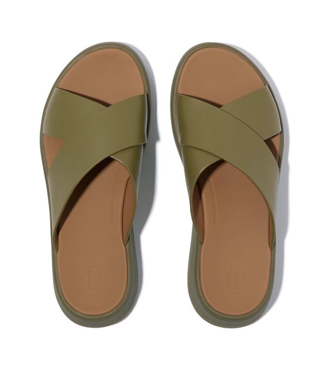FitFlop F-Mode Leather Flatform Cross Slides camo-green  FitFlop FW5-C14, slippers Direct leverbaar uit de webshop