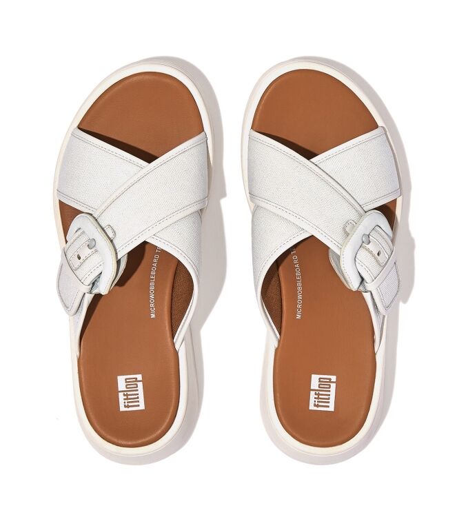 FitFlop F-Mode Buckle Flatform Cross Slides seafoam blue  FitFlop FY8-A45, slippers Direct leverbaar uit de webshop