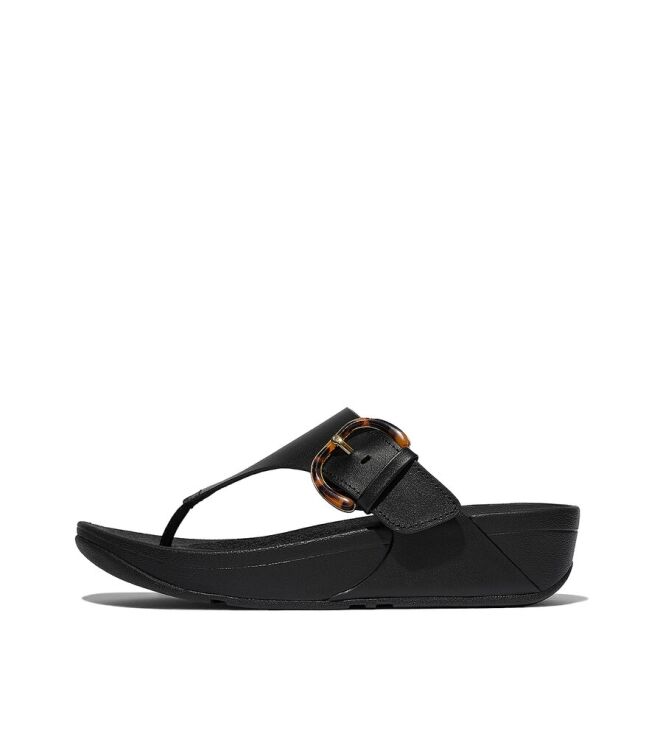 FitFlop Lulu Resin-Buckle Leather Toe-Post all black  FitFlop JE9-090, slippers Direct leverbaar uit de webshop