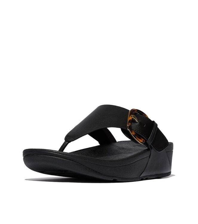 FitFlop Lulu Resin-Buckle Leather Toe-Post all black  FitFlop JE9-090, slippers Direct leverbaar uit de webshop