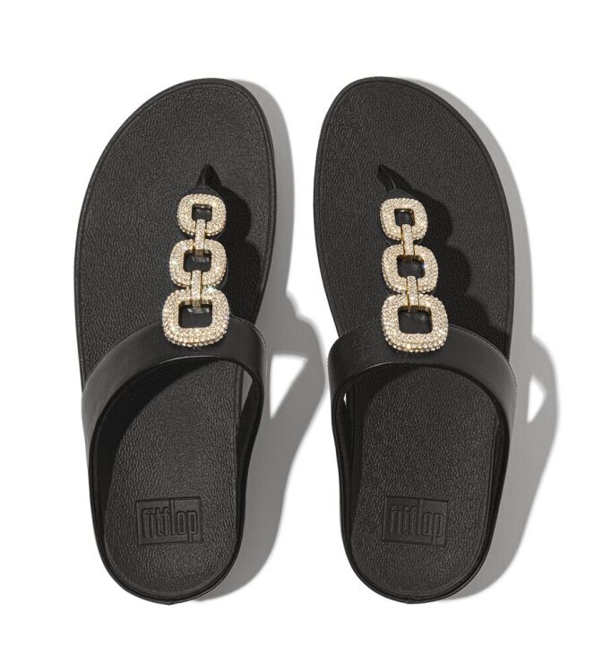 FitFlop Fino Crystal-Chain Leather Toe-Post black  FitFlop HX2-001, slippers Direct leverbaar uit de webshop
