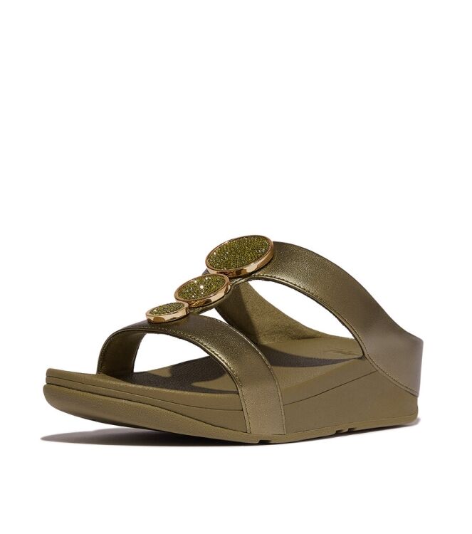 FitFlop Fitflop Halo Bead-Circle Metallic H-Bar Slides metallic camo-green  FitFlop HJ2-C23, slippers Direct leverbaar uit de webshop