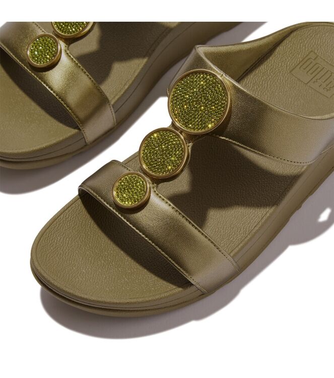FitFlop Fitflop Halo Bead-Circle Metallic H-Bar Slides metallic camo-green  FitFlop HJ2-C23, slippers Direct leverbaar uit de webshop