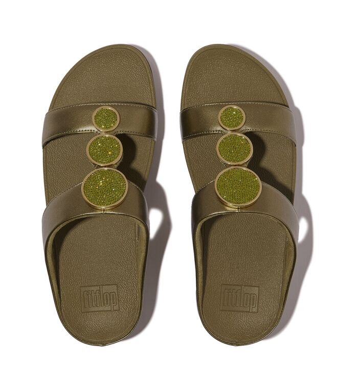 FitFlop Fitflop Halo Bead-Circle Metallic H-Bar Slides metallic camo-green  FitFlop HJ2-C23, slippers Direct leverbaar uit de webshop