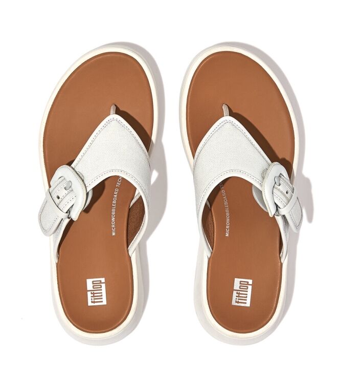 FitFlop F-Mode Buckle Canvas Flatform Toe-Post seafoam blue  FitFlop FY6-A45, slippers Direct leverbaar uit de webshop