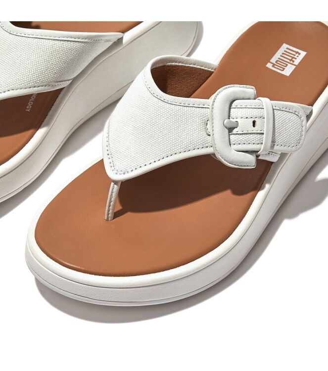 FitFlop F-Mode Buckle Canvas Flatform Toe-Post seafoam blue  FitFlop FY6-A45, slippers Direct leverbaar uit de webshop
