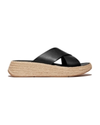 F-Mode Espadrille Leather Flatform Cross Slides black
