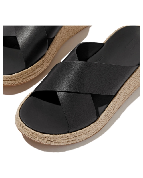 F-Mode Espadrille Leather Flatform Cross Slides black