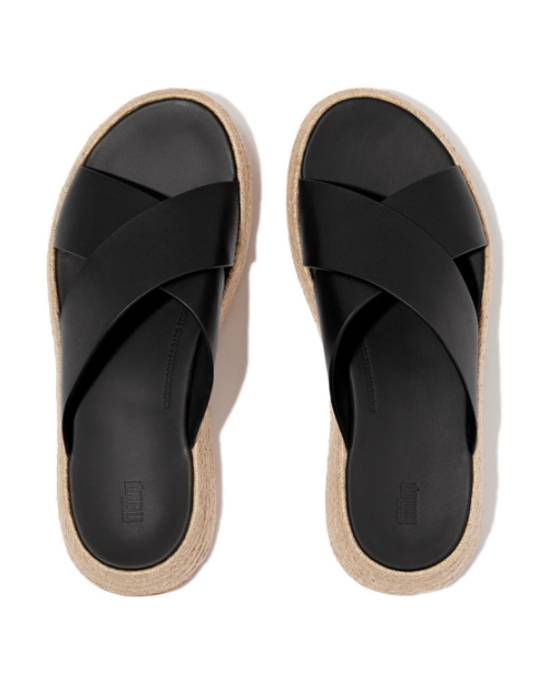 F-Mode Espadrille Leather Flatform Cross Slides black