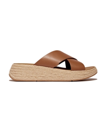 FitFlop F-Mode Espadrille Leather Flatform Cross Slides deep tan