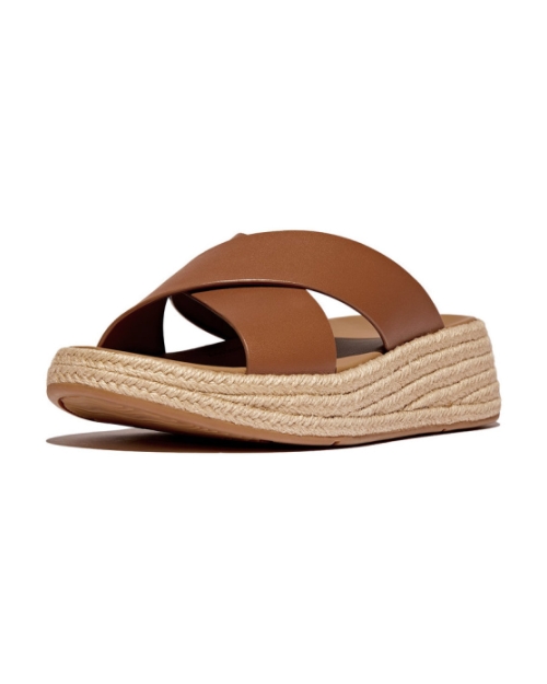 F-Mode Espadrille Leather Flatform Cross Slides deep tan