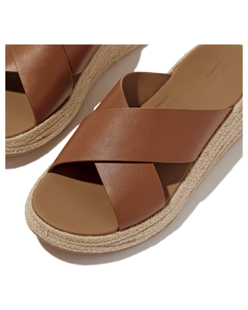 F-Mode Espadrille Leather Flatform Cross Slides deep tan