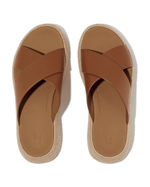 F-Mode Espadrille Leather Flatform Cross Slides deep tan