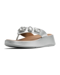 F-Mode Ultra-Jewel Leather Toe-Post Sandals Silver