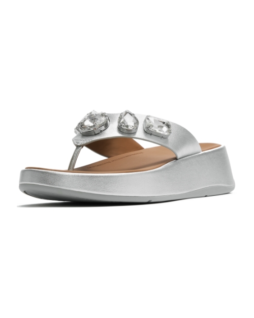 F-Mode Ultra-Jewel Leather Toe-Post Sandals Silver