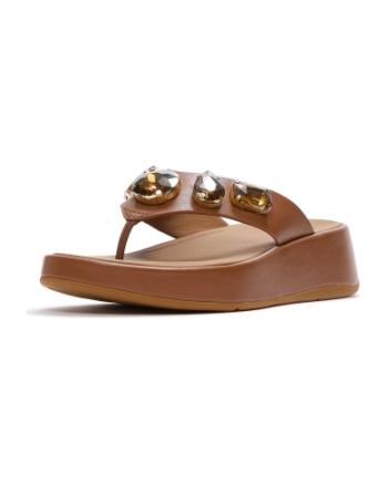 FitFlop F-Mode Ultra-Jewel Leather Toe-Post Sandals Deep Tan