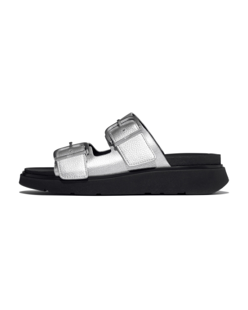 Gen-FF Buckle Tumbled-Leather Two-Bar Slides Silver