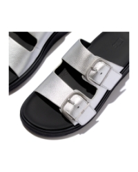 Gen-FF Buckle Tumbled-Leather Two-Bar Slides Silver