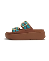 Gen-FF Max Buckle Stripe-Webbing Two-Bar Slides Deep Tan/Teal Mix