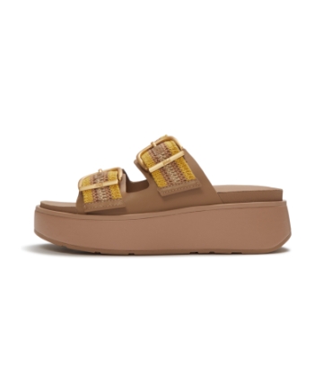 FitFlop Gen-FF Max Buckle Stripe-Webbing Two-Bar Slides Turmeric/Classic Tan Mix