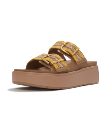 FitFlop Gen-FF Max Buckle Stripe-Webbing Two-Bar Slides Turmeric/Classic Tan Mix