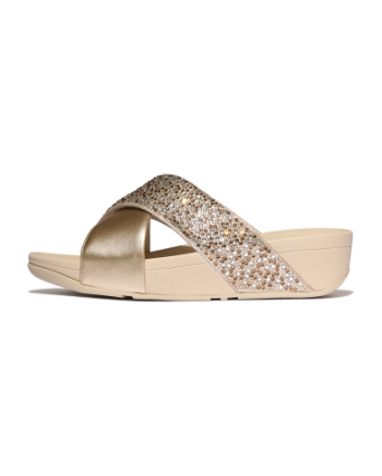 FitFlop Lulu Crystal-Mix  Metallic Cross Slides Platino