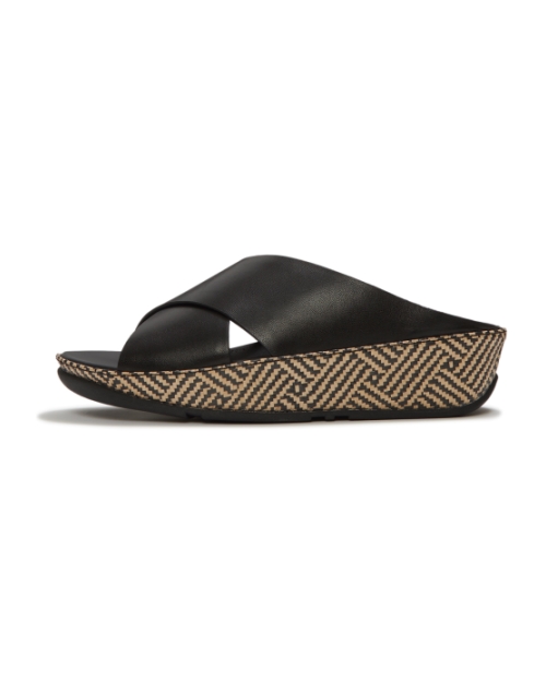 Lulu Lux Graphic-Weave Leather Cross Slides Black