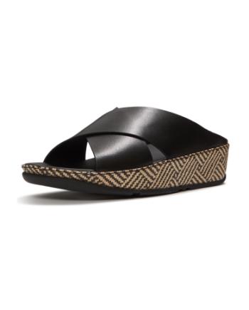 FitFlop Lulu Lux Graphic-Weave Leather Cross Slides Black