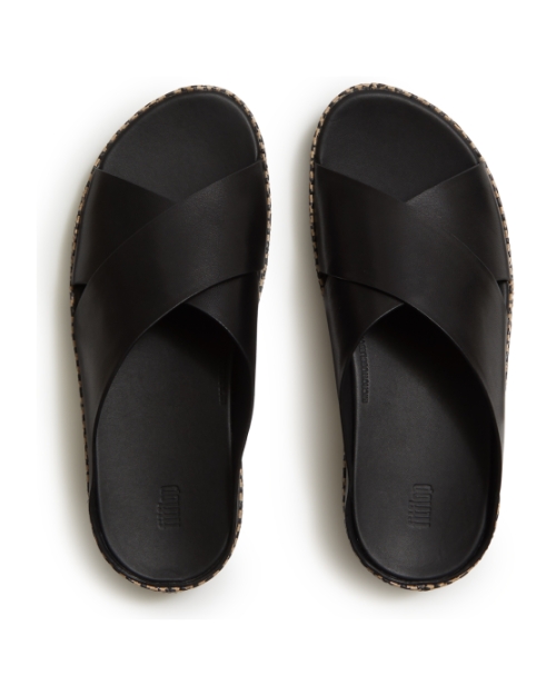Lulu Lux Graphic-Weave Leather Cross Slides Black