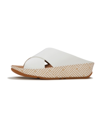 FitFlop Lulu Lux Graphic-Weave Leather Cross Slides Urban White