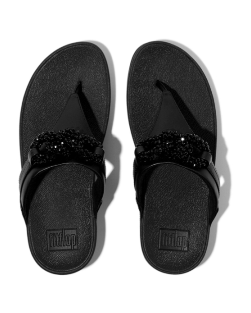 Lulu Beaded-Chain Leather Toe-Post Sandals Black